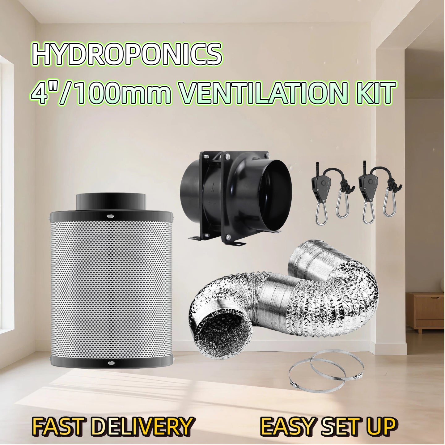 4 Inch Hydroponic Grow Tent Ventilation Kit Axial Fan Carbon Filter Duct 2 Sizes