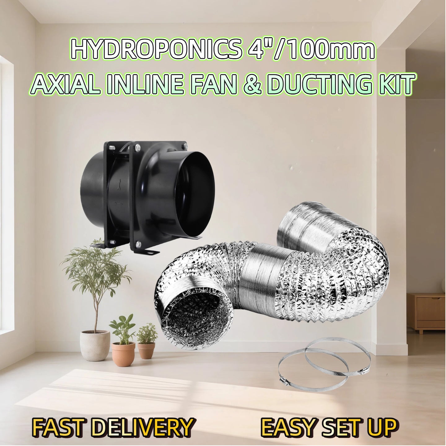 4 Inch or 6 Inch Hydroponics Ventilation Kit Axial Inline Silent Fan and Ducting Kit