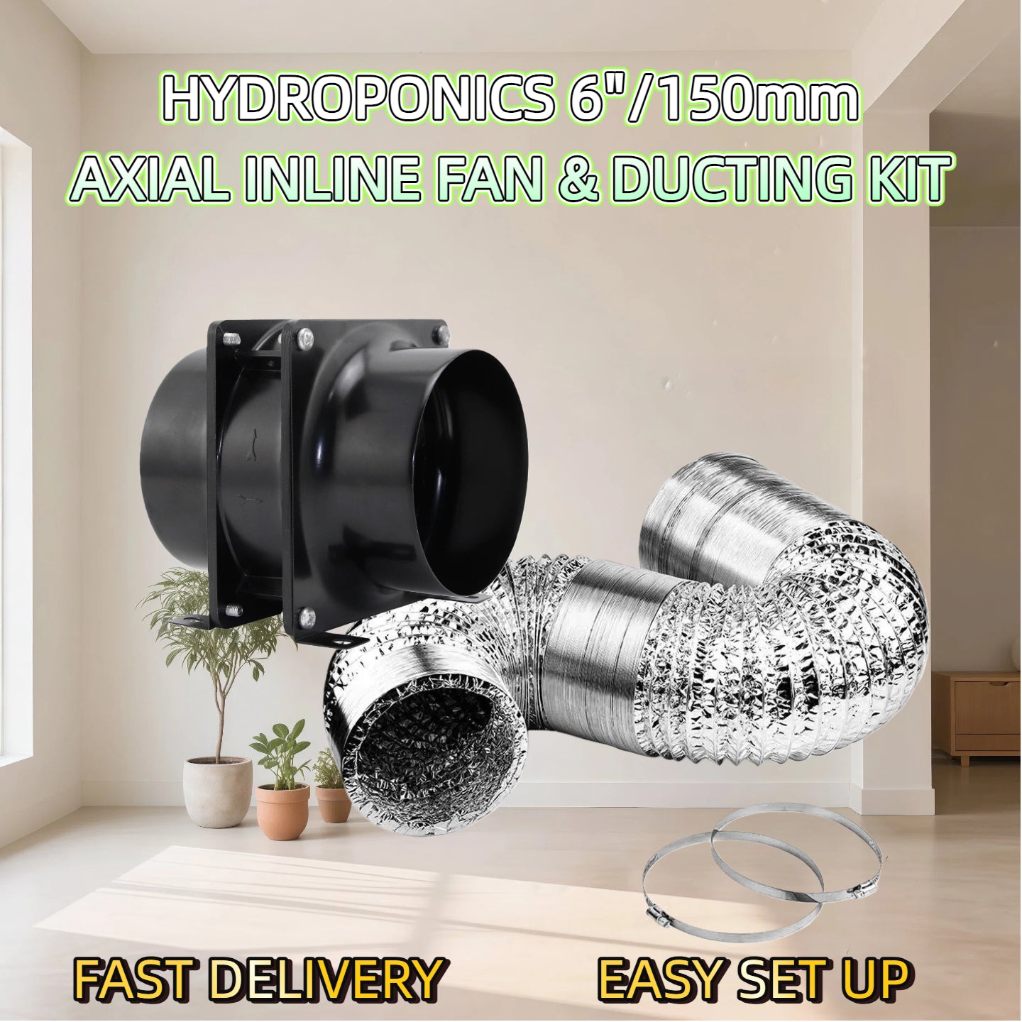 4 Inch or 6 Inch Hydroponics Ventilation Kit Axial Inline Silent Fan and Ducting Kit
