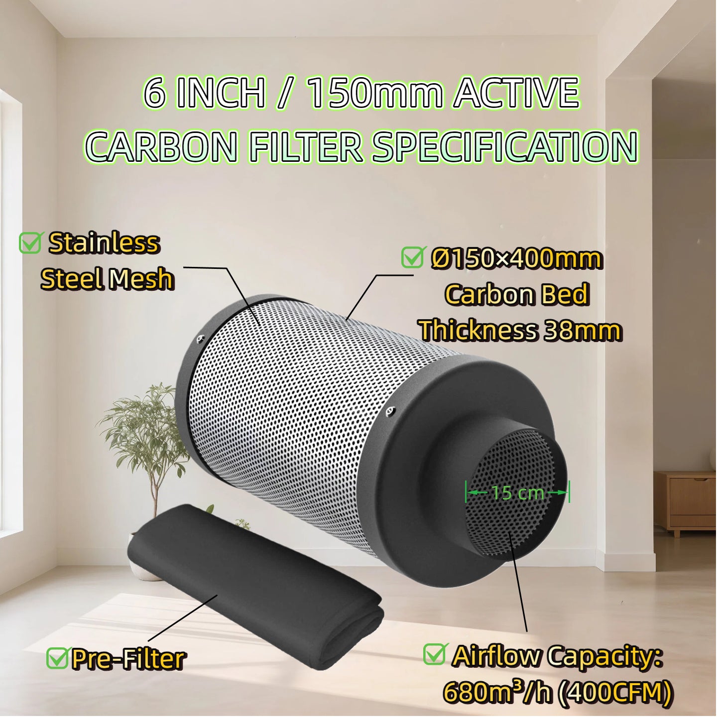 6 Inch Hydroponic Grow Tent Ventilation Kit Axial Fan Carbon Filter Duct 4 Sizes