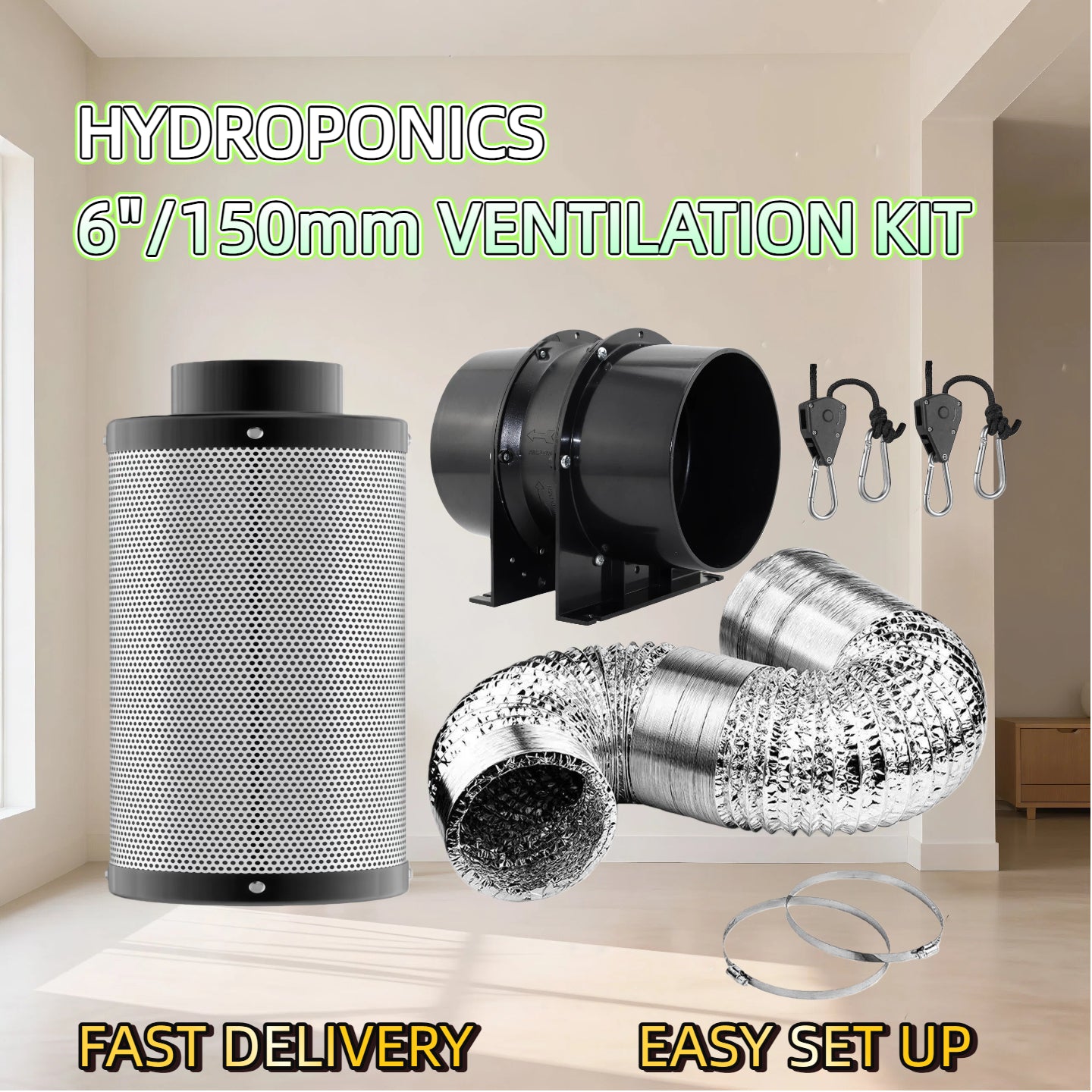 6 Inch Hydroponic Grow Tent Ventilation Kit Axial Fan Carbon Filter Duct 4 Sizes